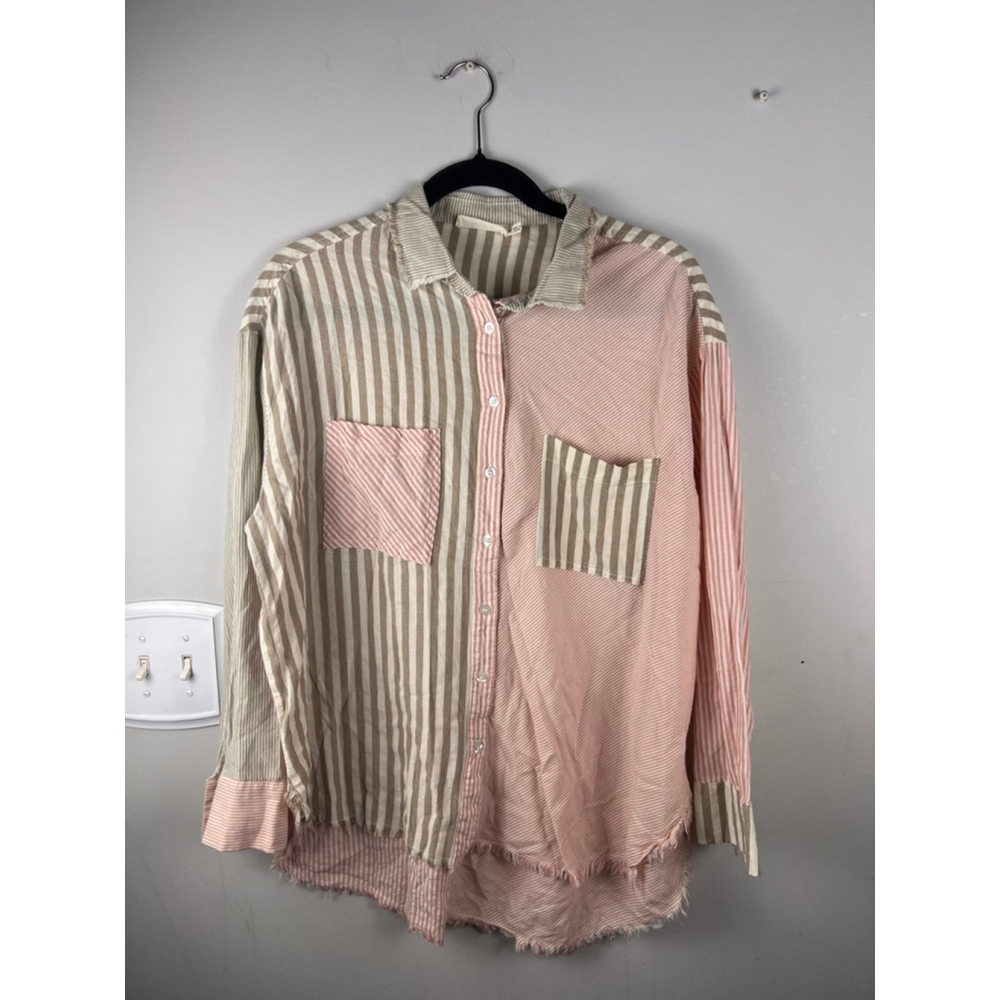 Millibon Linen Cotton Patchwork Stripe Button Shirt Raw Hem Hi Low Oversized M